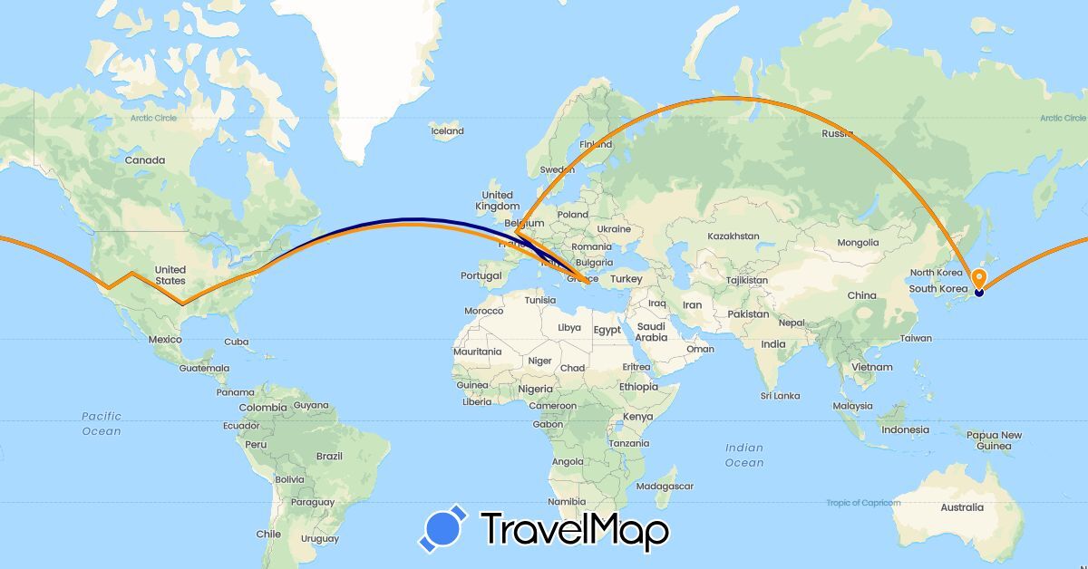 TravelMap itinerary: driving, hitchhiking in France, Greece, Italy, Japan, United States (Asia, Europe, North America)