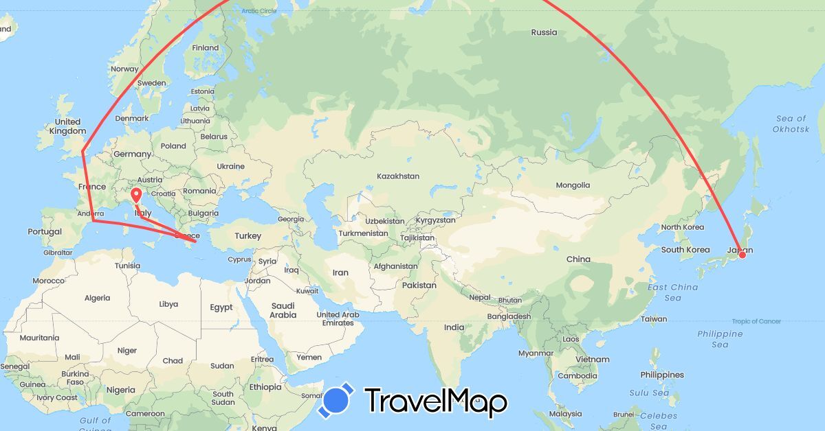 TravelMap itinerary: driving, hiking in Spain, United Kingdom, Greece, Italy, Japan (Asia, Europe)